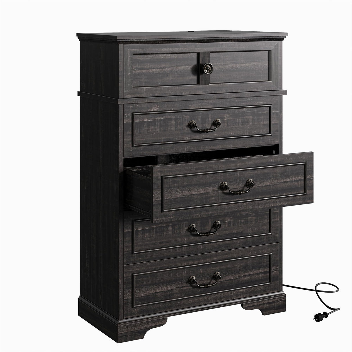 IRONCK 5 Drawer Dresser for Bedroom, Farmhouse Chest of Drawers with Charging Station, Vintage Drawer with Natural Texture, 47.8" Tall Dresser for Living Room, Hallway, Charcoal IRONCK