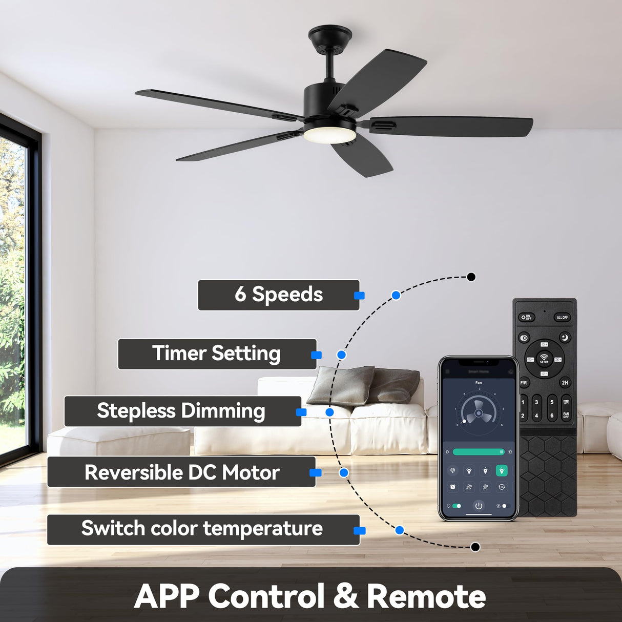 SUNMORY 52" Ceiling Fans with Lights, Smart Ceiling Fan with APP and Remote Control, Reversible DC Motor, Noiseless, Stepless Dimmable, Modern Ceiling Fan for Indoor/Outdoor Use, Black SUNMORY