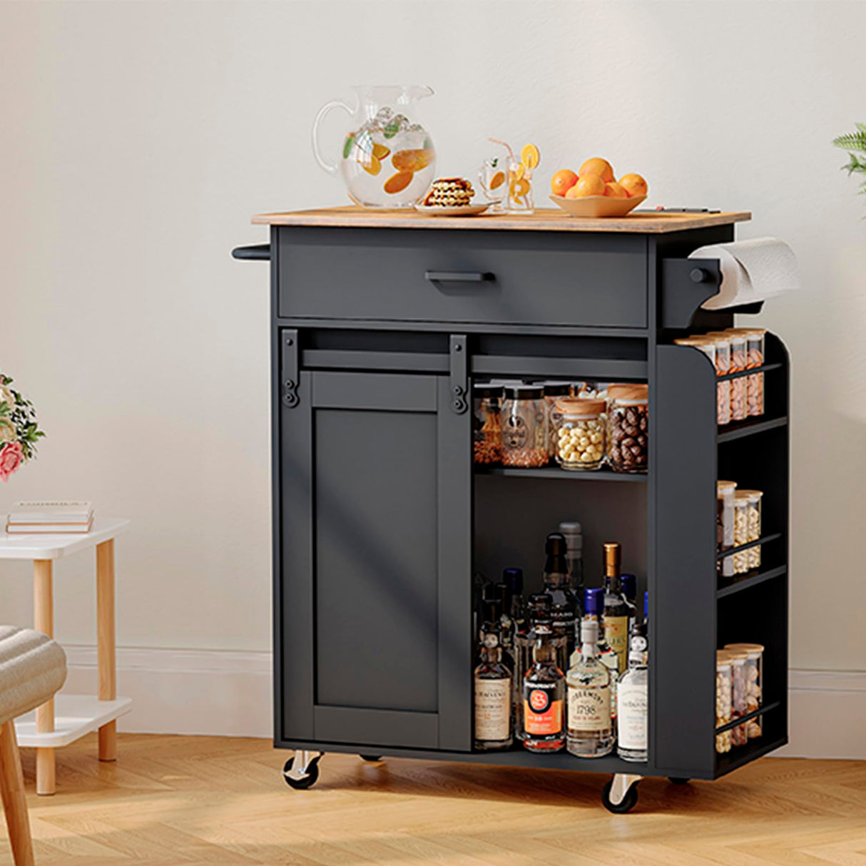 YATINEY Kitchen Island with Storage, Kitchen Storage Cabinets with Charging Station, Kitchen Island on Wheels, Rolling Island Table with Sliding Cabinet Door, Black and Rustic Brown ZD01UBR YATINEY