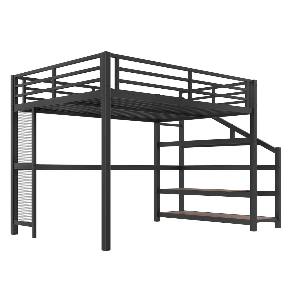Metal Queen Size Loft Bed with Desk and Storage Stairs,Heavy Duty Loft Bed Frame Queen Size with LED Lights and Charging Station for Kids,Teens,Adults,Black Bellemave