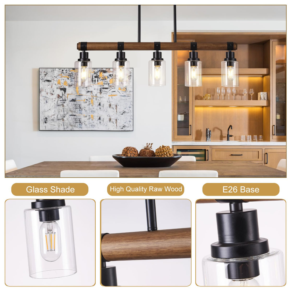 Dining Room Chandelier Over Table, 5-Light Farmhouse Kitchen Island Lighting, Matte Black Rustic Wood Chandelier with Clear Glass Shade, Ceiling Pendant Light Fixture for Kitchen maesta