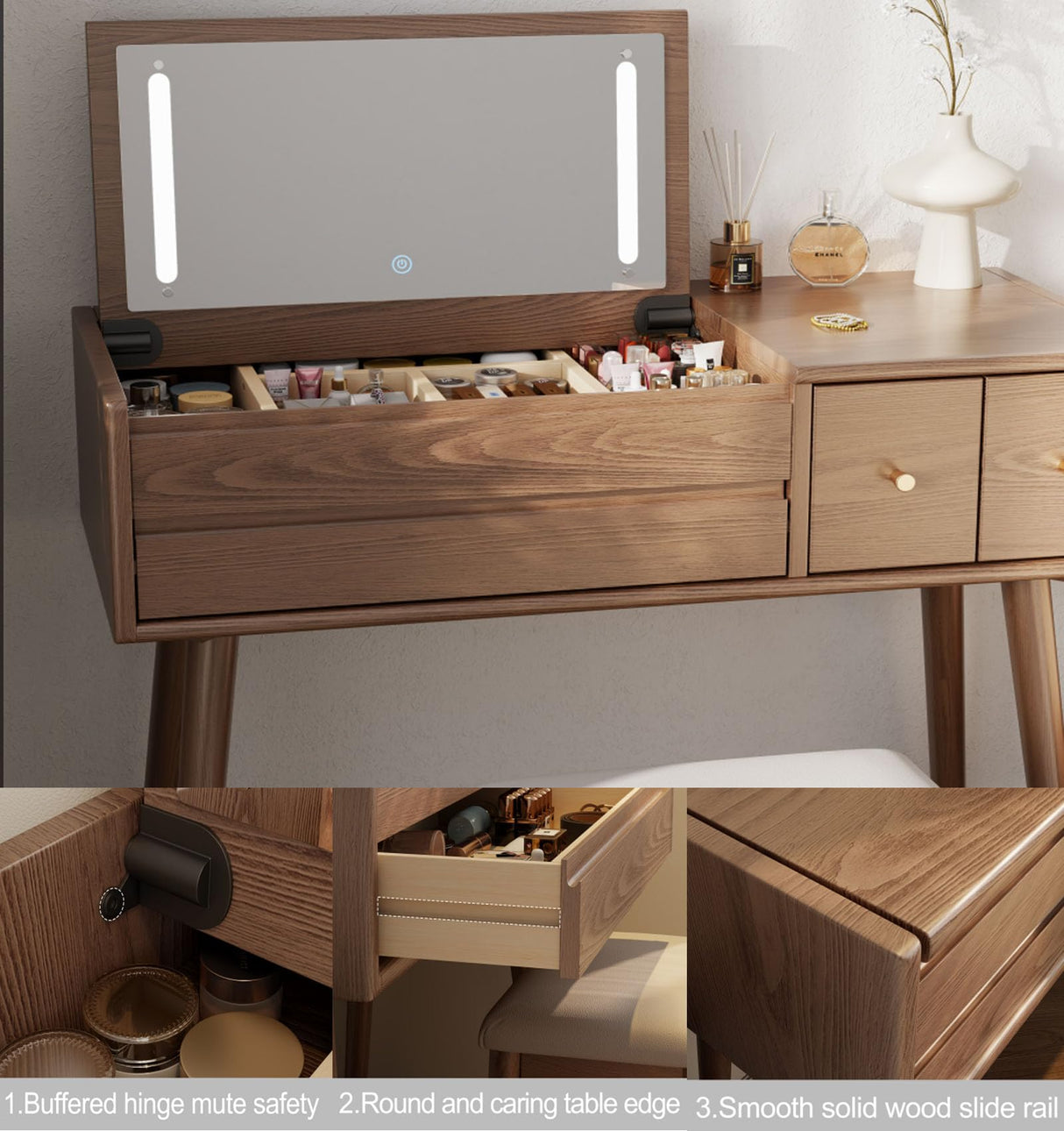 KungFuWood Makeup Vanity Desk with 3 Lighting Modes, Solid Wood Vanity Desk with Mirror Dressing Table Set 4 Drawers,Space-Saving Vanity for bedrooms(walunt) KungFuWood