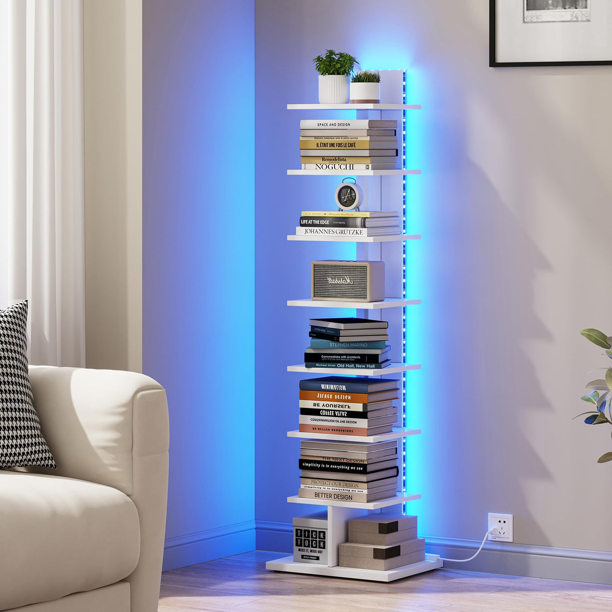 TUTOTAK Narrow Bookshelf, 8-Tier Bookcase with LED Lights, Spine Book Shelf for Small Space, Corner Standing Shelf for Living Room, Office, Study, Entryway, White BS06BW008L TUTOTAK