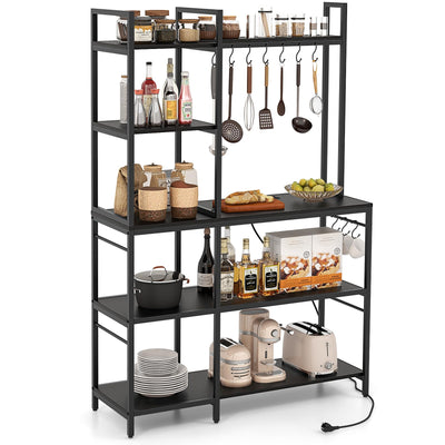Giantex Bakers Rack with Power Outlets, 5-Tier Coffee Bar Table Organizer w/ 10 S-Shaped Hooks, 63" Large Microwave Stand, Kitchen Utility Storage Shelf for Dining Room, Living Room (Black)