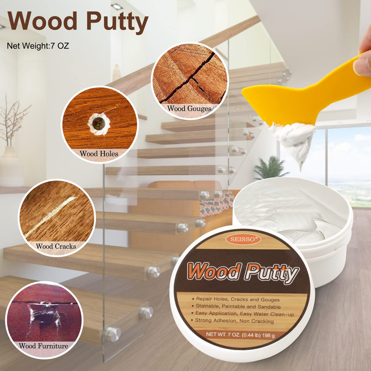 SEISSO Wood Putty, Water-Based Wood Filler, White Wood Putty for Trim, Wood Filler Paintable, Stainable, Wood Furniture Repair kit - Restore Wooden SEISSO