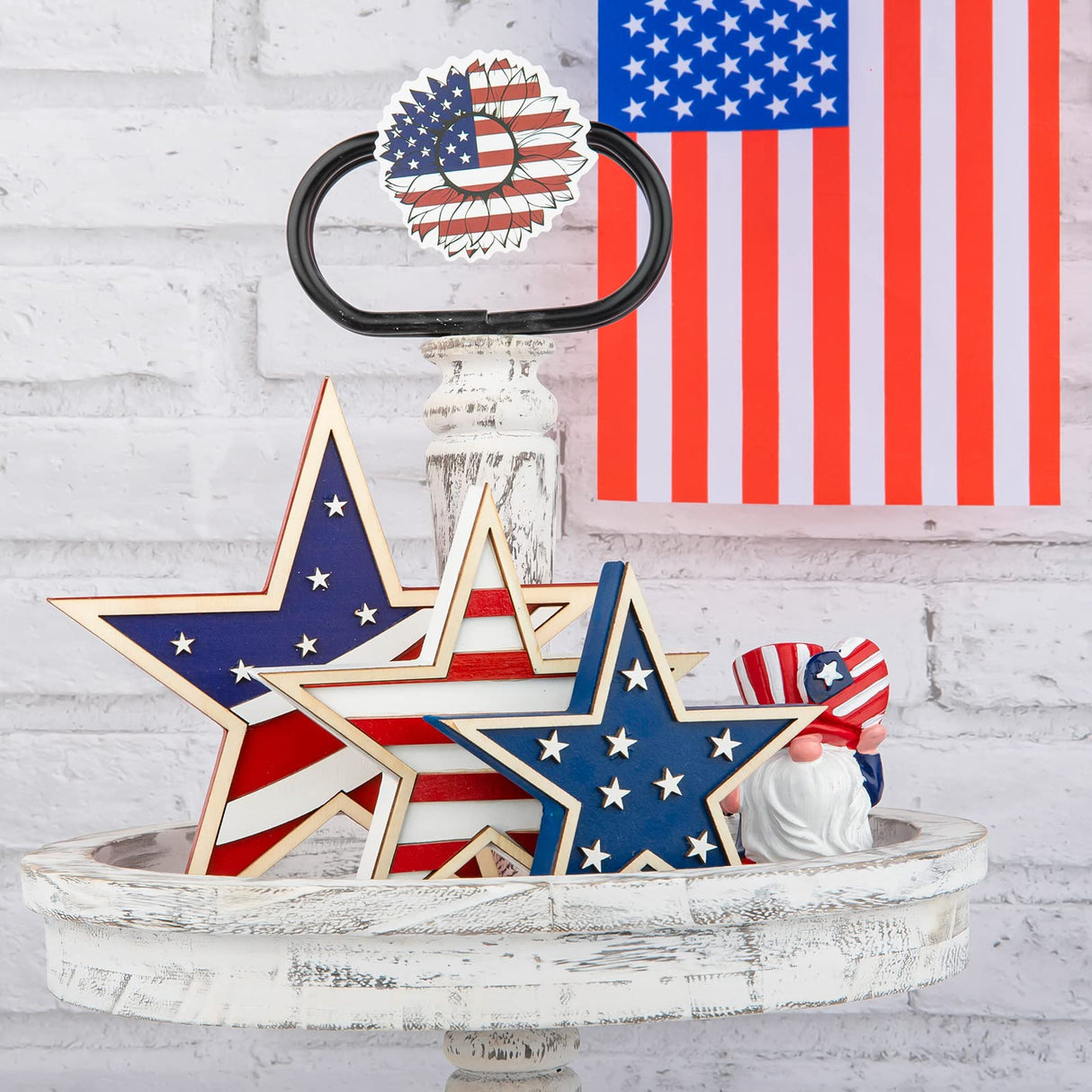 Whaline 4th of July Star Table Decor Patriotic Embossed Stars Stripes Wooden Sign American Flag Tiered Tray Table Centerpiece Farmhouse Wood Block Tabletop for Independence Day Memorial Day, 3Pcs Whaline