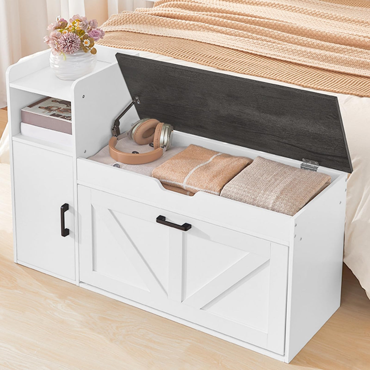 CHOEZON Shoe Storage Bench, Shoe Cabinet with Flip Drawer, 39.4'' Shoe Bench, Farmhouse Entryway Bench, Storage Bench with Side Cabinet and Lift-Off Storage Box, White Charcoal Black MHX01WC CHOEZON