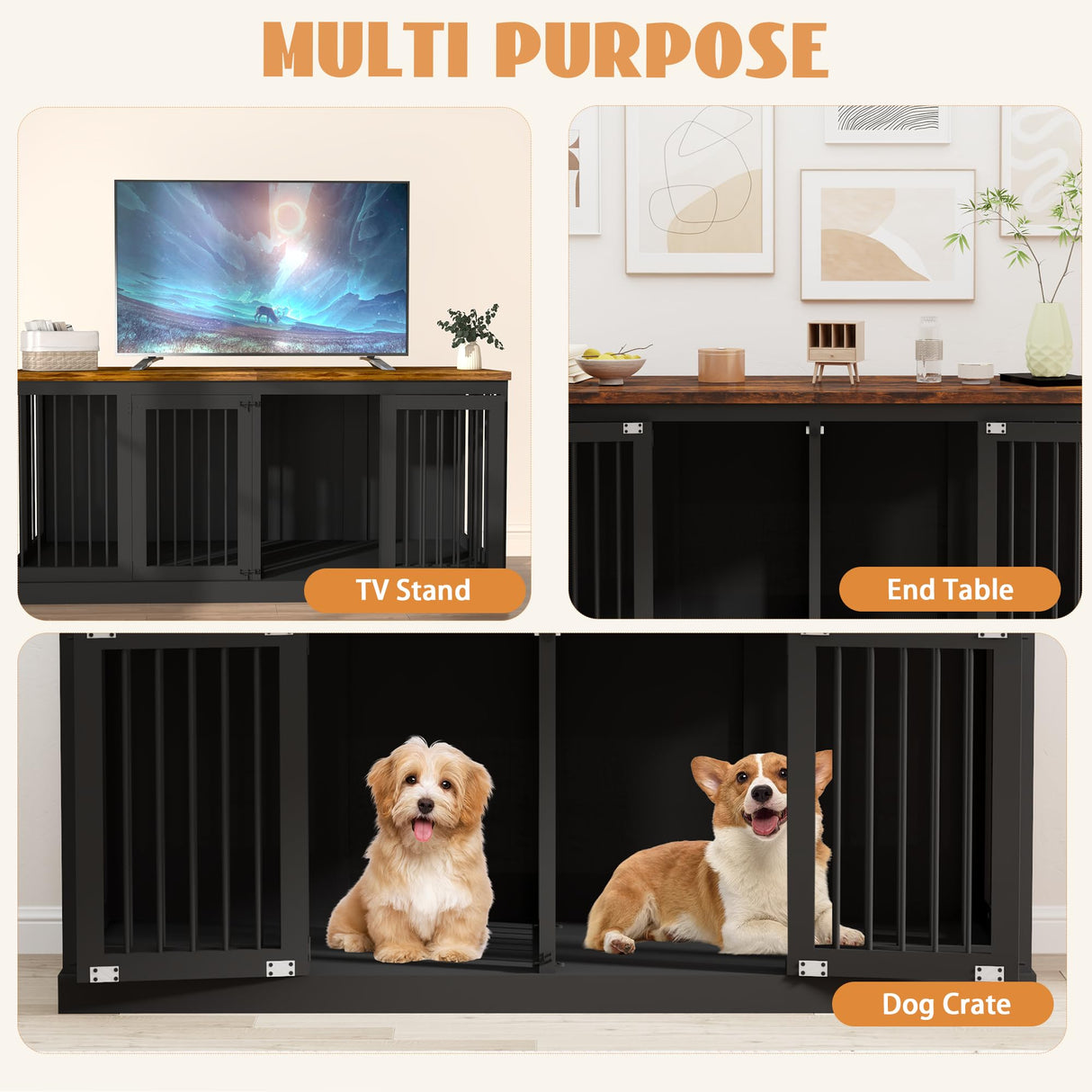 71 inches Extra Large Dog Crate Furniture Indoor Wooden Dog Kennel Furniture Heavy Duty Dog Crates TV Stand with Removable Divider for 2 Large Medium Small Dogs Black NEBZHASK