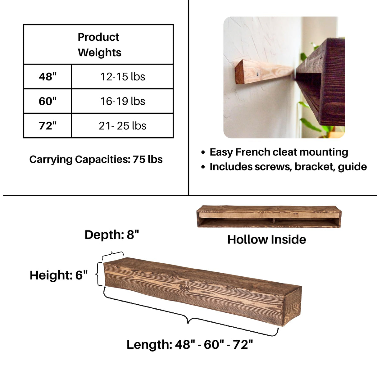 Adorwood Handmade Fireplace Mantel Shelf 60", Rustic Wood Mantles for Over Fireplace, Wall Mounted Floating Mantel Shelves for Living Room Decor (Dark Rustic, 60Lx6Hx8D inches) Adorwood