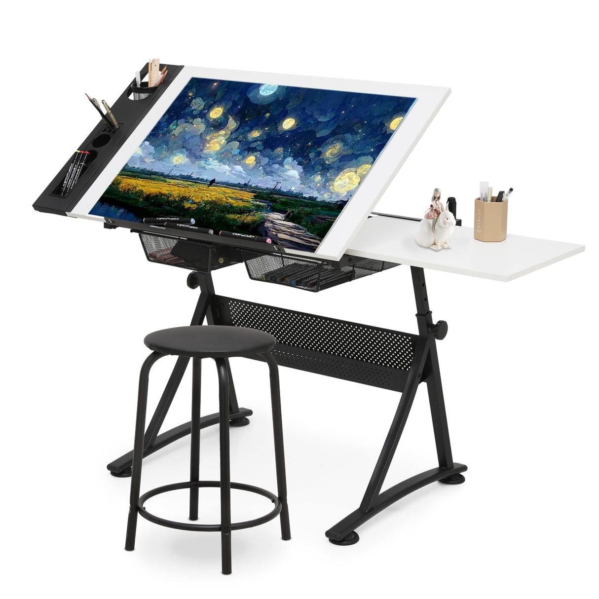 SFIHOME Drafting Table with Height Adjustable Wood Top, Drawing Table with Storage Drawers, Extendable Design, Art Desk Ideal for Drawing, Painting, Writing, Home Office, White SFIHOME