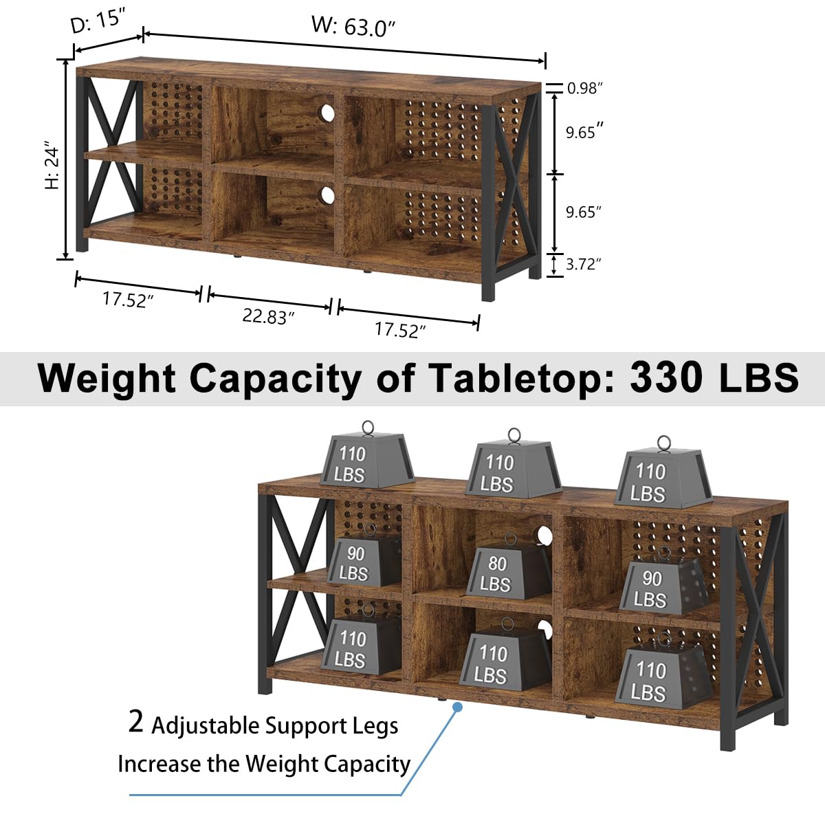 LVB TV Stand for 75 Inch TV, Industrial Wood and Metal Entertainment Center with Storage Shelf, Modern Television Media Console Table with Cabinet for Living Room Bedroom, Rustic Brown, 63in LVB