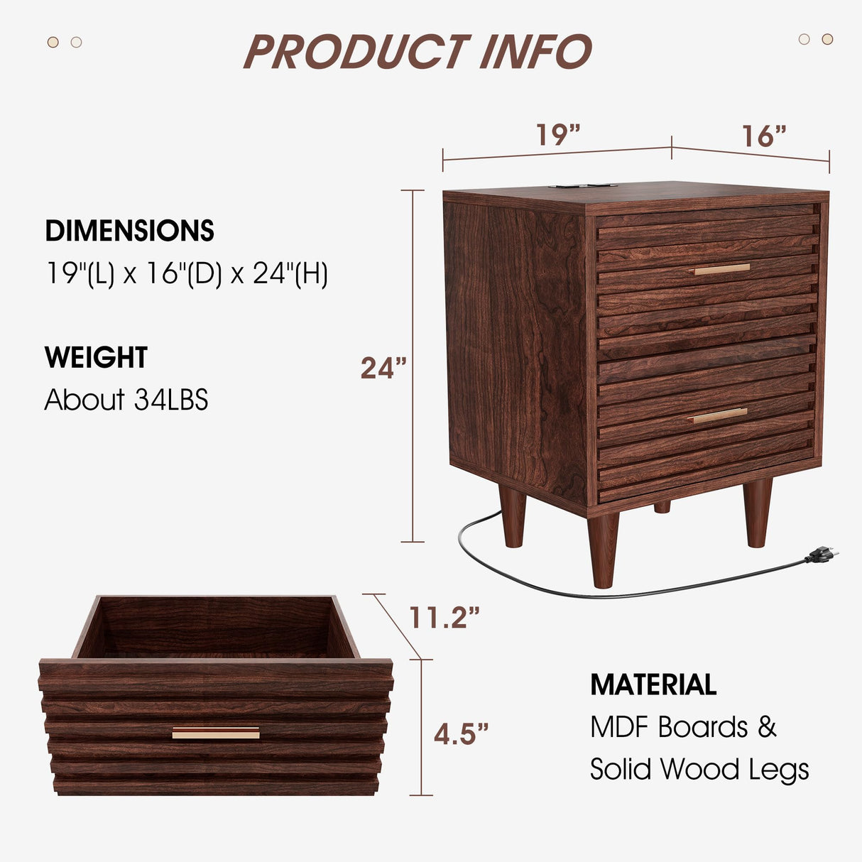 Night Stand with Charging Station Set of 2, Side Table with 2 Drawers, Mid Century Modern End Table with Storage, Wood Bedside Table with USB Ports and Outlets, Nightstand for Bedroom, Brown 2PCS Alohappy