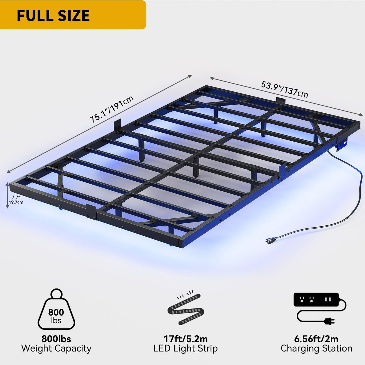 DWVO Full-Size Floating Bed Frame, Metal Platform Bed with LED Light, Charging Hub and Sturdy Steel Slats, Box Spring No Needed, Simple Setup (Black) DWVO