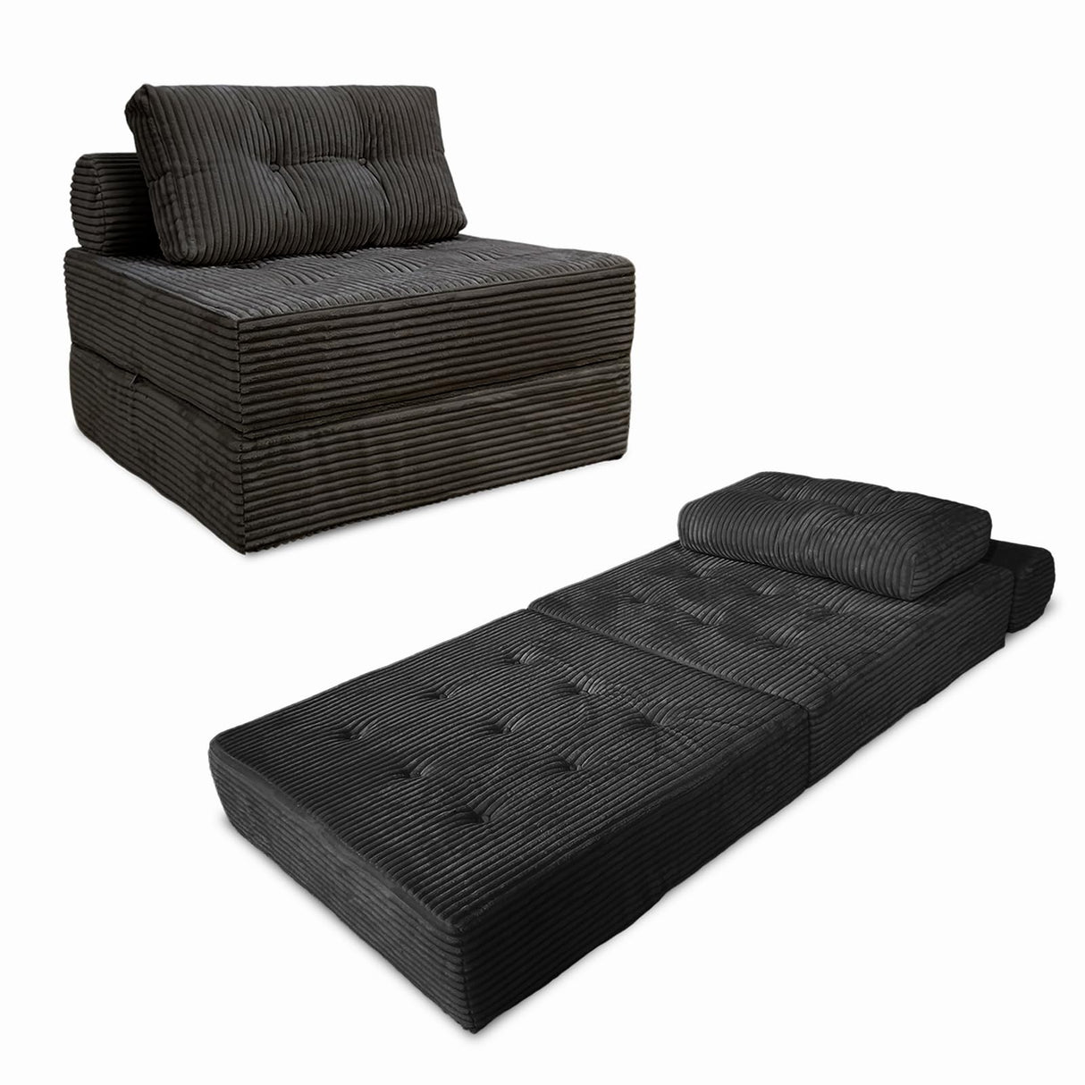 Nigoone Sofa Bed Futon, Versatile Foldable Sleeper Chair with Pillow, Supportive Memory Foam, Plush Corduroy Fabric, Cozy Floor Couch, Convertible Mattress for Bedroom/Living Room/Guest/Office, Black Nigoone