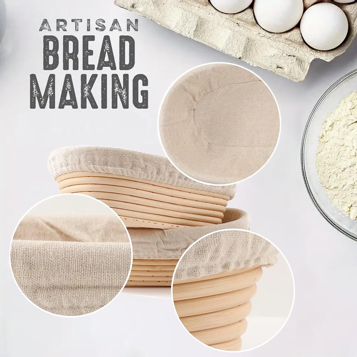 Jeensley Boxed Sourdough Bread Proofing Baskets with 2025 Brochure Banneton Set of 2, Round & Oval Shape Bowls with Liners, Handmade from Quality Natural Indonesian Rattan Bread Baking Supplies Jeensley