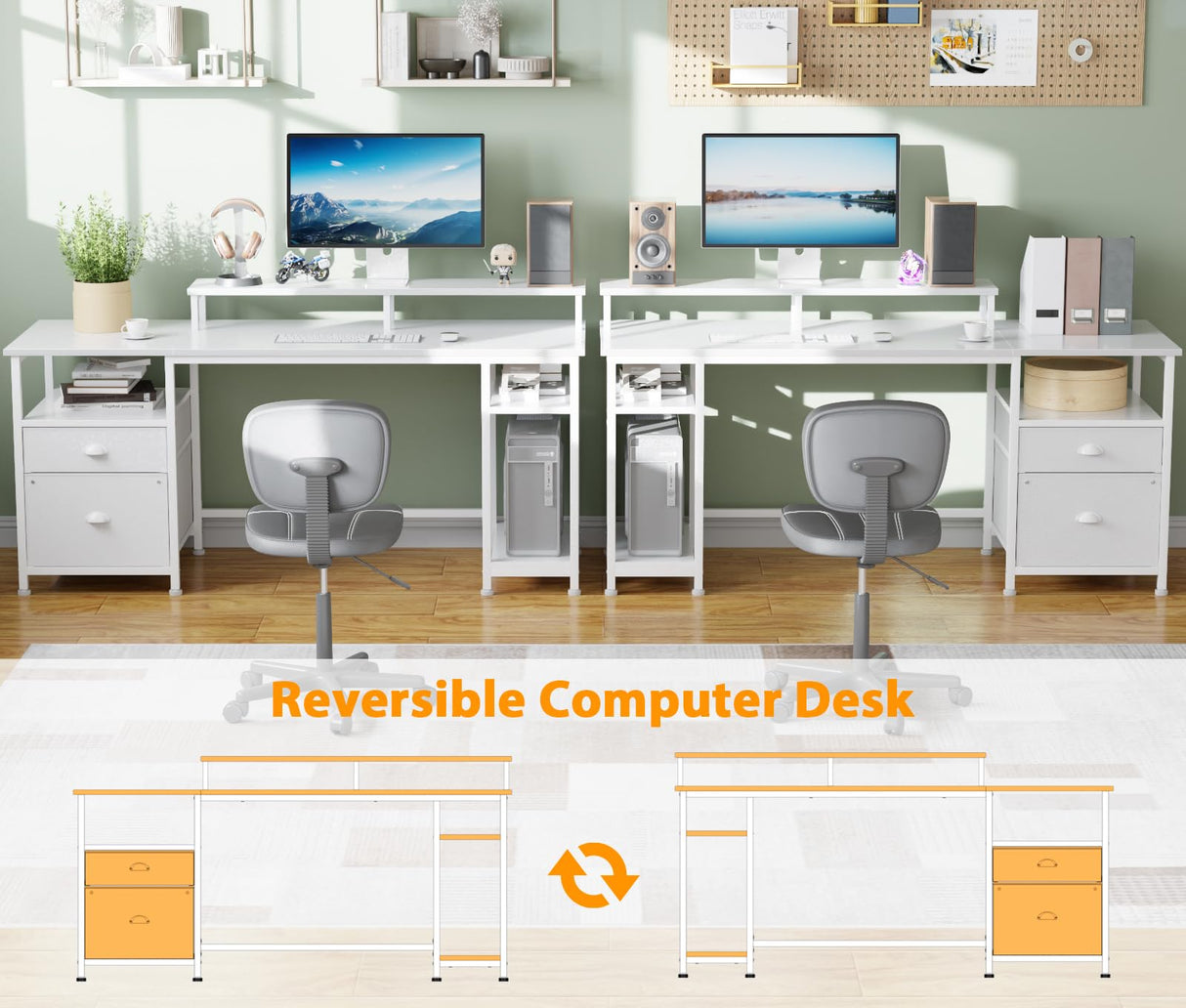 Furologee 61'' Computer Desk with Fabric File Cabinet & Drawer, Reversible White Storage Shelf, Office Long Monitor Stand, Writting Workstation, for Home/Office/Bedroom, 61in NO Outlets Furologee