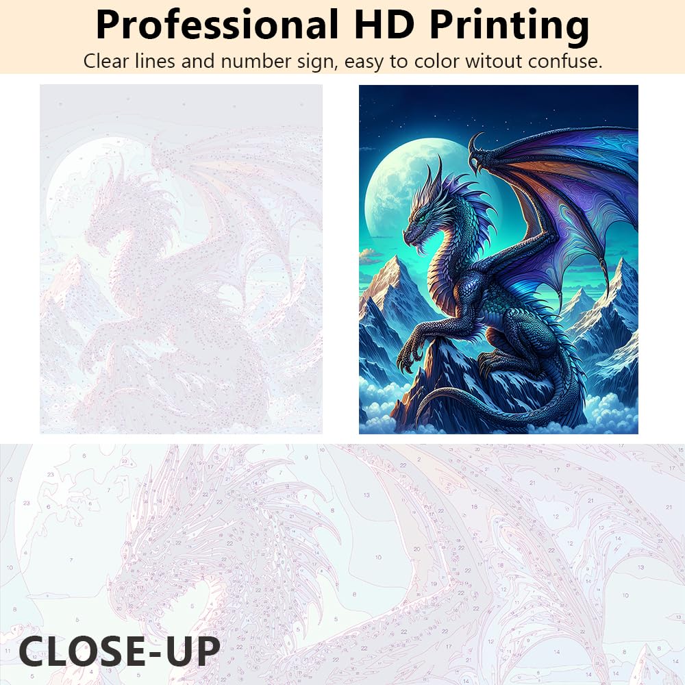 Paint by Numbers for Adults Fantasy Dragon Flying Under Moonlight DIY Art Kit with Pre Printed Canvas Acrylic Paints and Brushes for Stress Relief and Wall Decor 16x20 Inch TUMOVO
