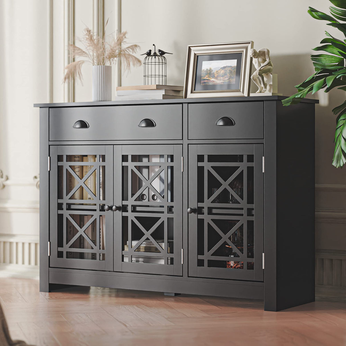 Cozy Castle Modern Buffet Cabinet with Drawers, Wood Sideboard Buffet Cabinet with 3 Acrylic Glass Doors, Freestanding Bar Cabinet, Black Cozy Castle