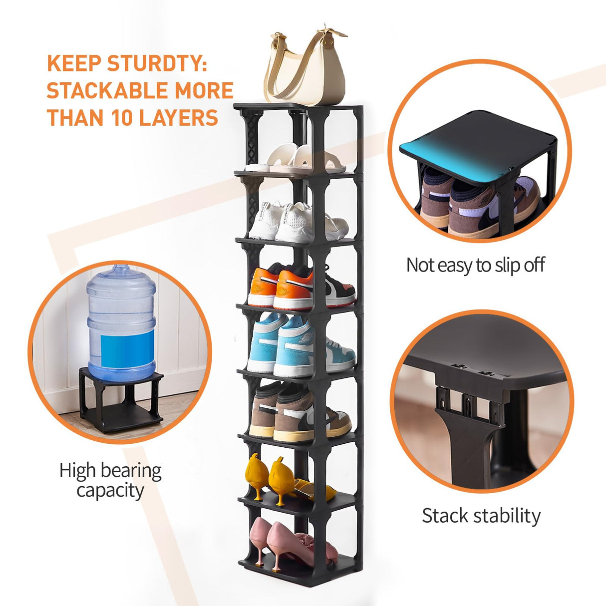 HHK HenHaoKan 5 Tiers Shoe Rack Organizer for Closet Shoe Holder Storage Narrow Plastic Vertical, Free Standing Shoe Rack Shelf for Entryway Stackable Stability DIY, Black HHK HenHaoKan