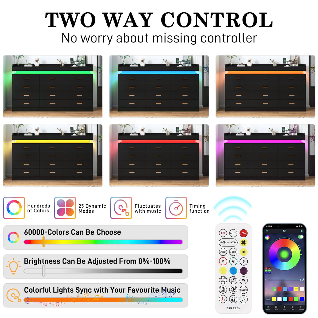 jiteentarou 12 Drawer Dresser with Charging Station and LED Lights, Modern Chest of Drawers with Power Outlet, Organizer Cabinet for Bedroom, Living Room, Entryway, Black jiteentarou