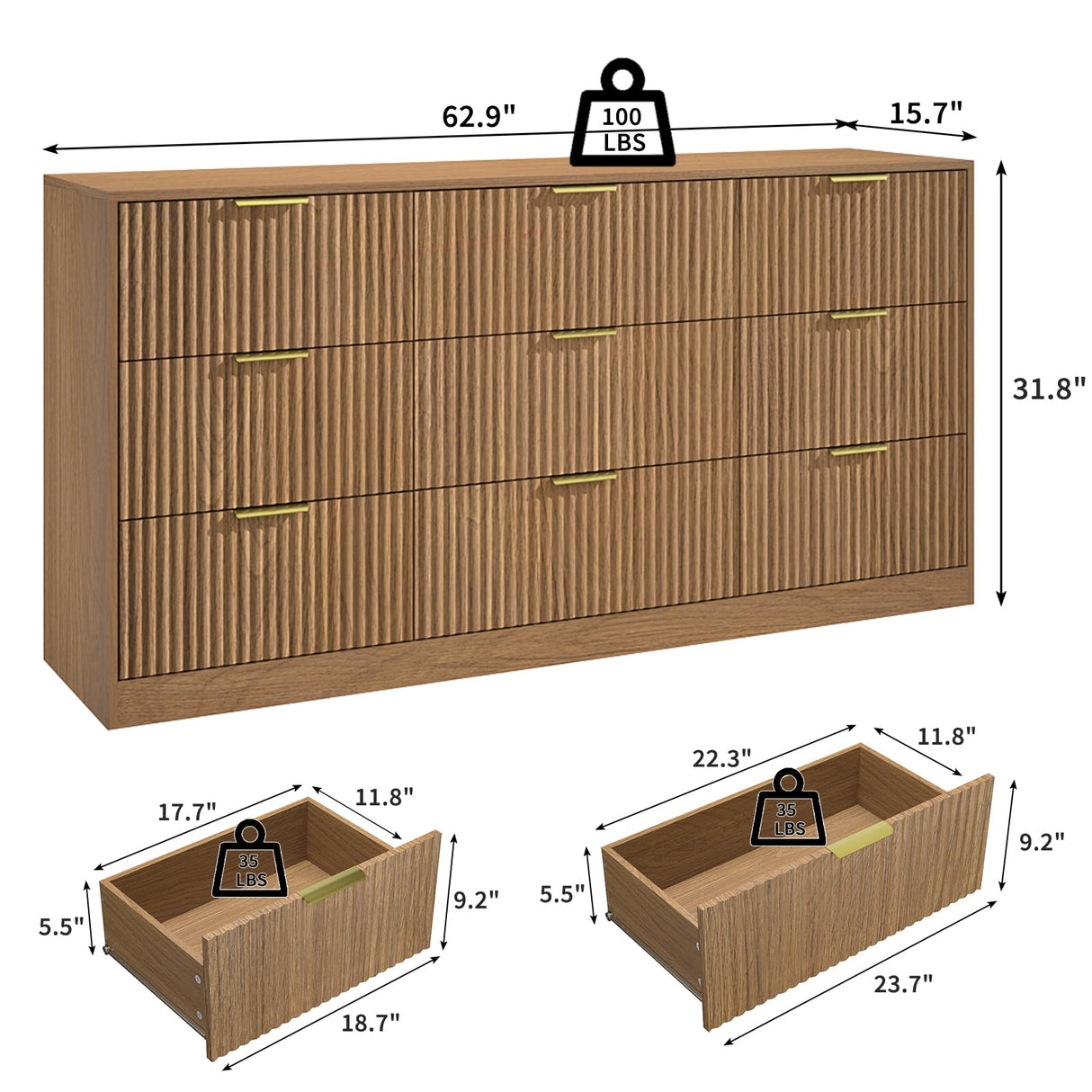 NOVAMAISON Dresser for Bedroom with 9 Drawer, 63” Wide Wooden Dresser Mid Century Chest of Drawers with Metal Handle, Dressers TV Stand Storage Organizer for Closet, Bedroom, Living Room, Natural Wood NOVAMAISON