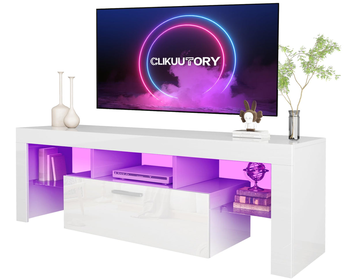 Clikuutory White LED TV Stand with Large Storage Drawer for 32 40 50 55 Inch TVs, Modern High Gloss TV Console Table with Entertainment Center for Living Room, Bedroom, White Clikuutory