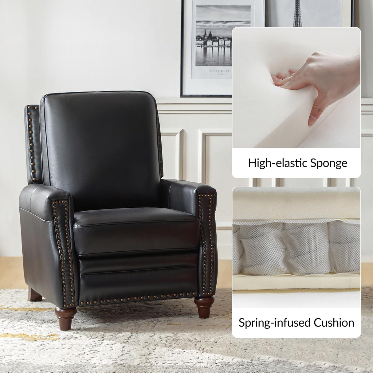 HULALA HOME Genuine Leather Recliner Chair Set of 2, Push Back Recliner Armchair with Thick Seat and Backrest(Black) HULALA HOME