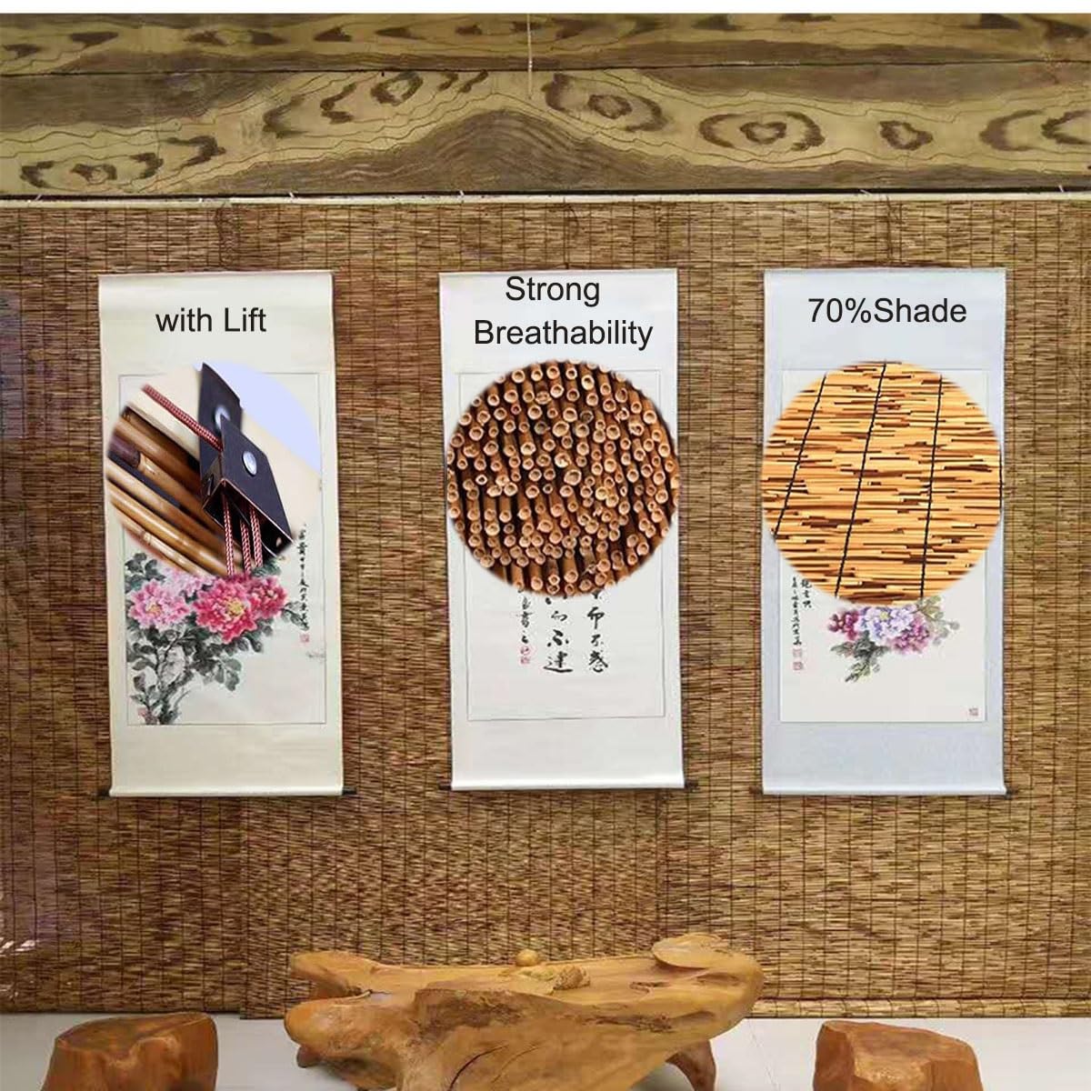 Roll Up Bamboo Shade for Windows, Blackout Bamboo Roller Blind with Lift, Cordless Roman Window Curtains for Hotel Privacy Protection, 24" 28" 30" 32" 36" 40" 42" 46" 48" 51" 53" 54" 60" 72" Wide (Co ZXBMYLV