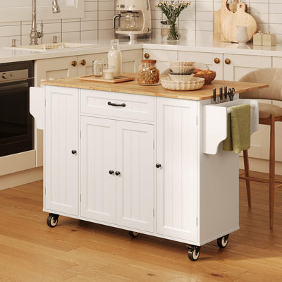 Ahomly Kitchen Island with Storage, 47.6" Rolling Kitchen Island on Wheels with Drop Leaf, Door Cabinet, Drawer, Spice Rack, Towel Rack and Knife Holder, Kitchen Cart Island Table for Kitchen, White