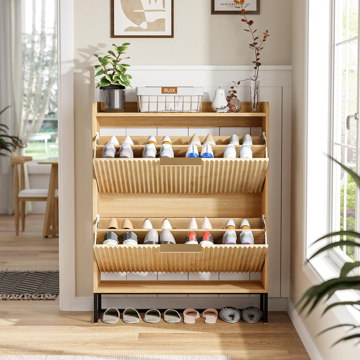 VINGLI Fluted Shoe Cabinet Storage for Entryway,Hidden Shoes Storage Cabinet with 2 Flip Drawers, Mid Century Modern Shoe Rack Organizer,Free Standing Shoes Organizer for Hallway(Natural Oak) VINGLI