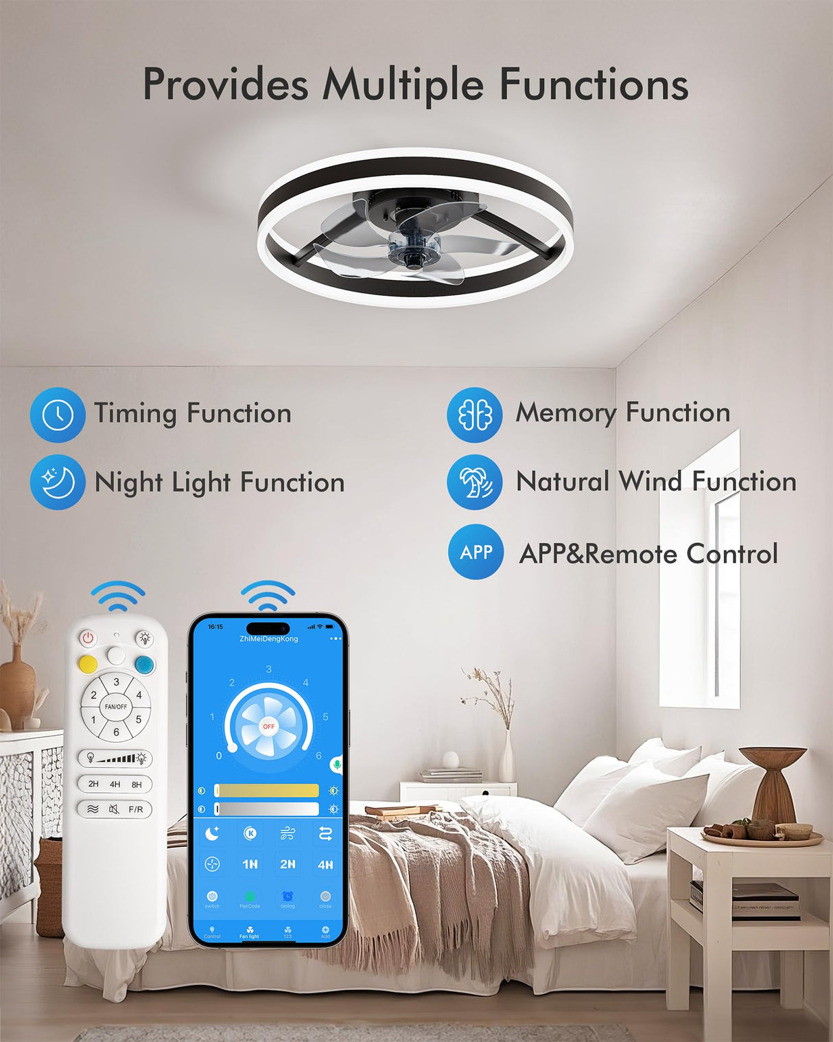 CubiCubi Modern Ceiling Fans with Lights, 20 Inch Black Fandelier with Remote Control and APP, Quiet LED Fan Light with 3CCT and 6 Wind Speeds, Low Profile Flush Mount Fan for Bedroom, Dining Room CubiCubi