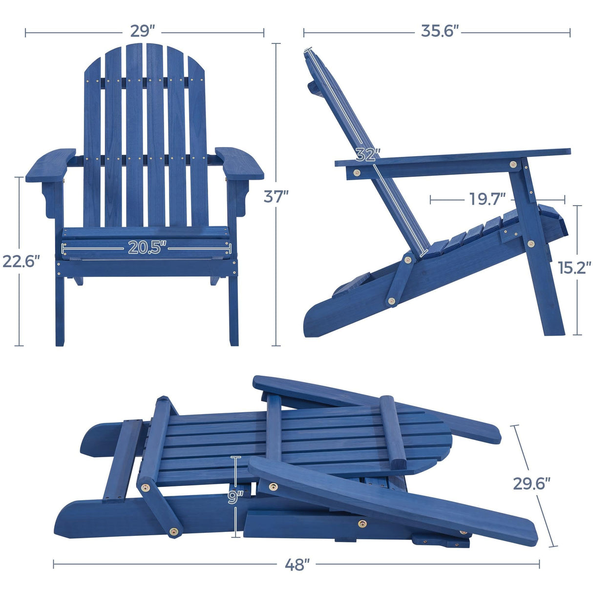 Yaheetech Folding Adirondack Chair Set of 4 Outdoor, 300LBS Solid Wood Garden Chair Weather Resistant, Fire Pit Lounge Chairs for Garden/Yard/Patio/Lawn, Blue Yaheetech