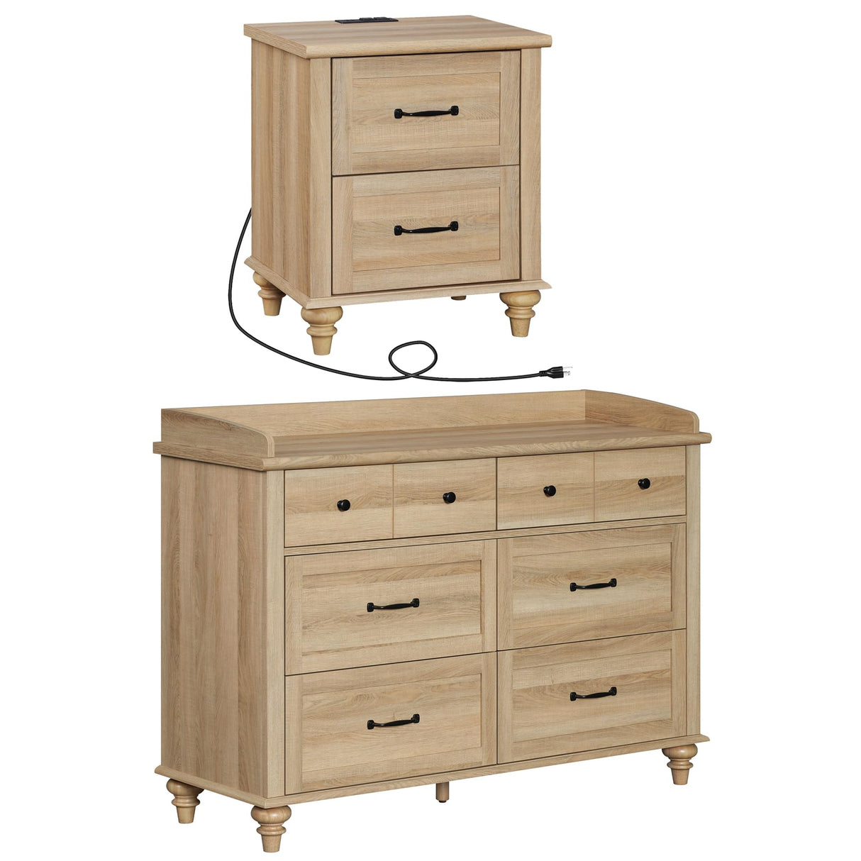 WAMPAT 2 Piece Dresser and Nightstand Sets, Wood Dresser & Chest of Drawers with 6 Drawers & Metal Handle, Farmhouse Side Table Night Stand with Charging Station, 2 Piece Bedroom Set, Oak WAMPAT