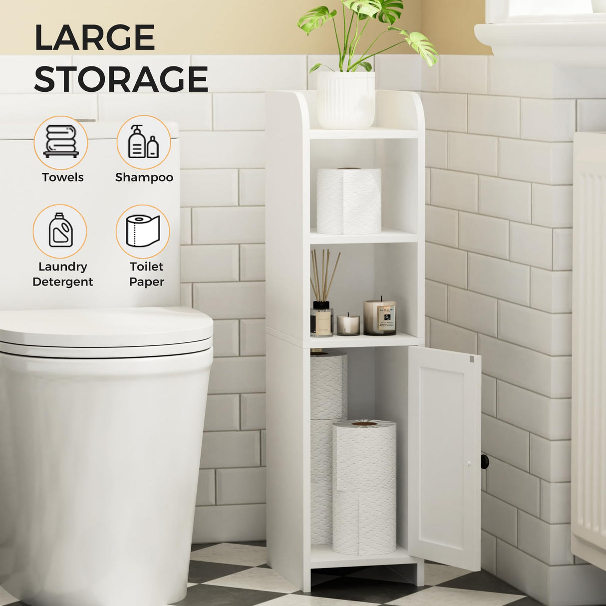 Homhedy Small Bathroom Storage Corner Floor Cabinet with Door and Shelves, Beside The Toilet Paper Stand for Skinny, Narrow Toilet Paper Cabinet, 9.8" D x 7.9" W x 31" H, White Homhedy