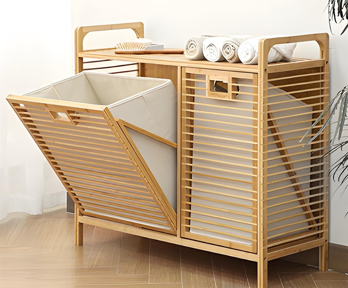 Double Tilt Out Laundry Hamper with 2 Removable Liner Bags,Bamboo Laundry Cabinet,Laundry Basket Organizer,Laundry Hamper Cabinet for Clothes Towels Toys(31.8 * 11.8 * 28.3in) Tianxrxy