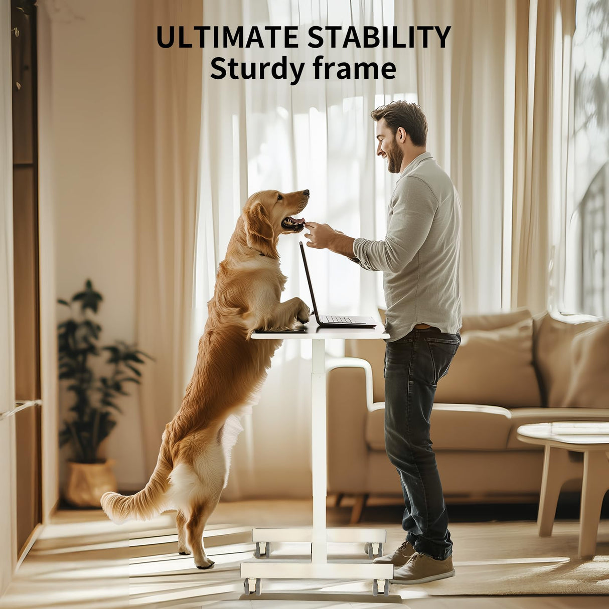 YSSOA Mobile Small Standing Desk - Rolling Desk with Adjustable Height and Lockable Wheels, Sit-Stand Laptop Table, Portable Computer Workstation, Cream White YSSOA