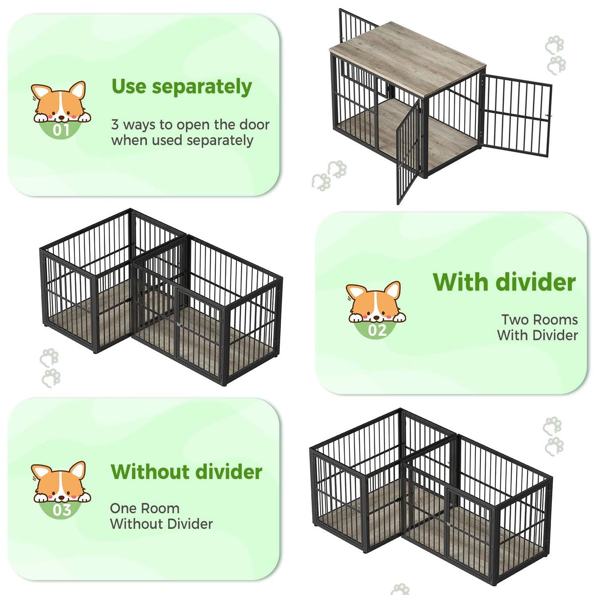 Lyromix 43'' L-Shaped Corner Dog Crate Furniture Large Breed for 2 Dogs with Double Rooms,Wooden Dog Crate End Table Indoor with Removable Divider for Small to Medium Dogs, Can Use Separately Lyromix