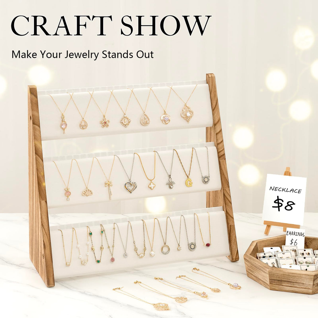 Yoimori Necklace Holder, 3 Tier Necklace Organizer Stand with White Velvet, Wood Necklace Display Stands for Selling, Jewelry Display Stand for 72 Necklaces Bracelets (Brown) Yoimori