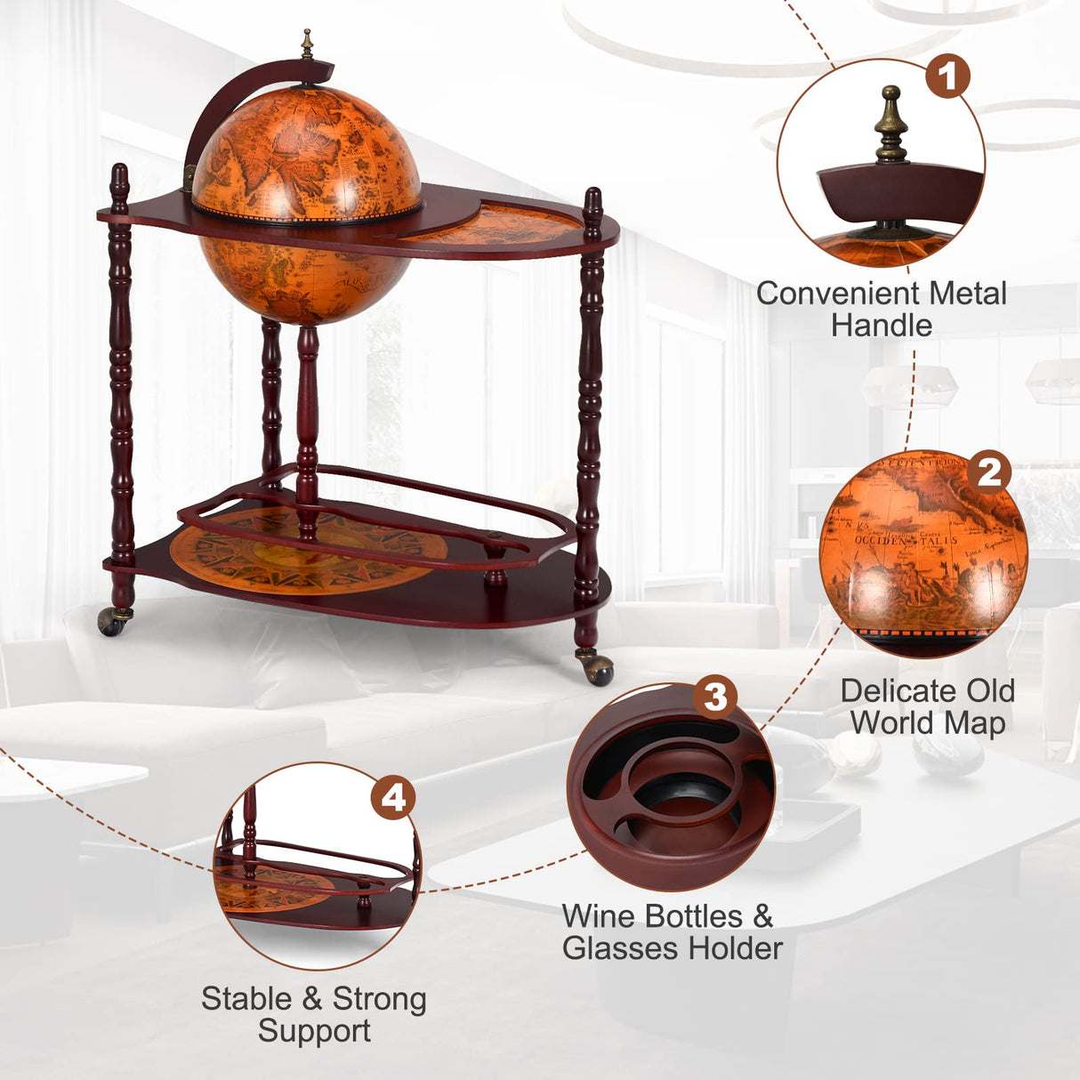 Goplus Globe Bar, 34.5” Globe Bar Liquor Cabinet with Wheels, Bottom Shelf, Old World Map, 16th Century Italian Replica Bar Globe, Retro Wine Stand, Goplus