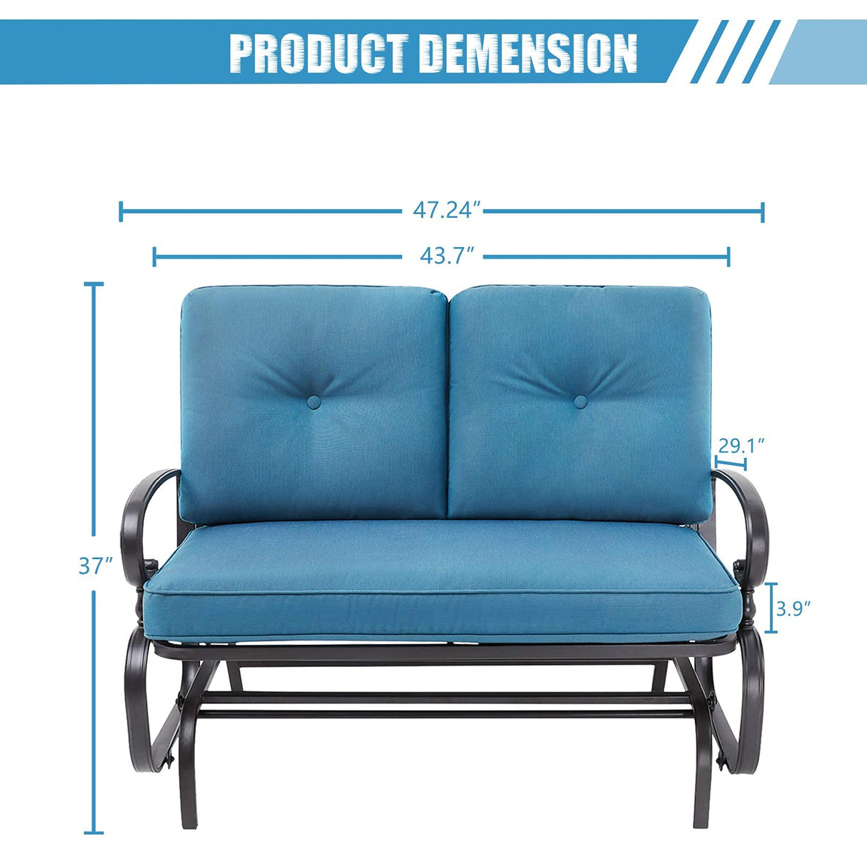 Omelaza Patio Bench, Porch Glider Outdoor Swing Glider Rocking Loveseat, Steel Frame Chair with Thick Cushion (Peacock Blue) Omelaza