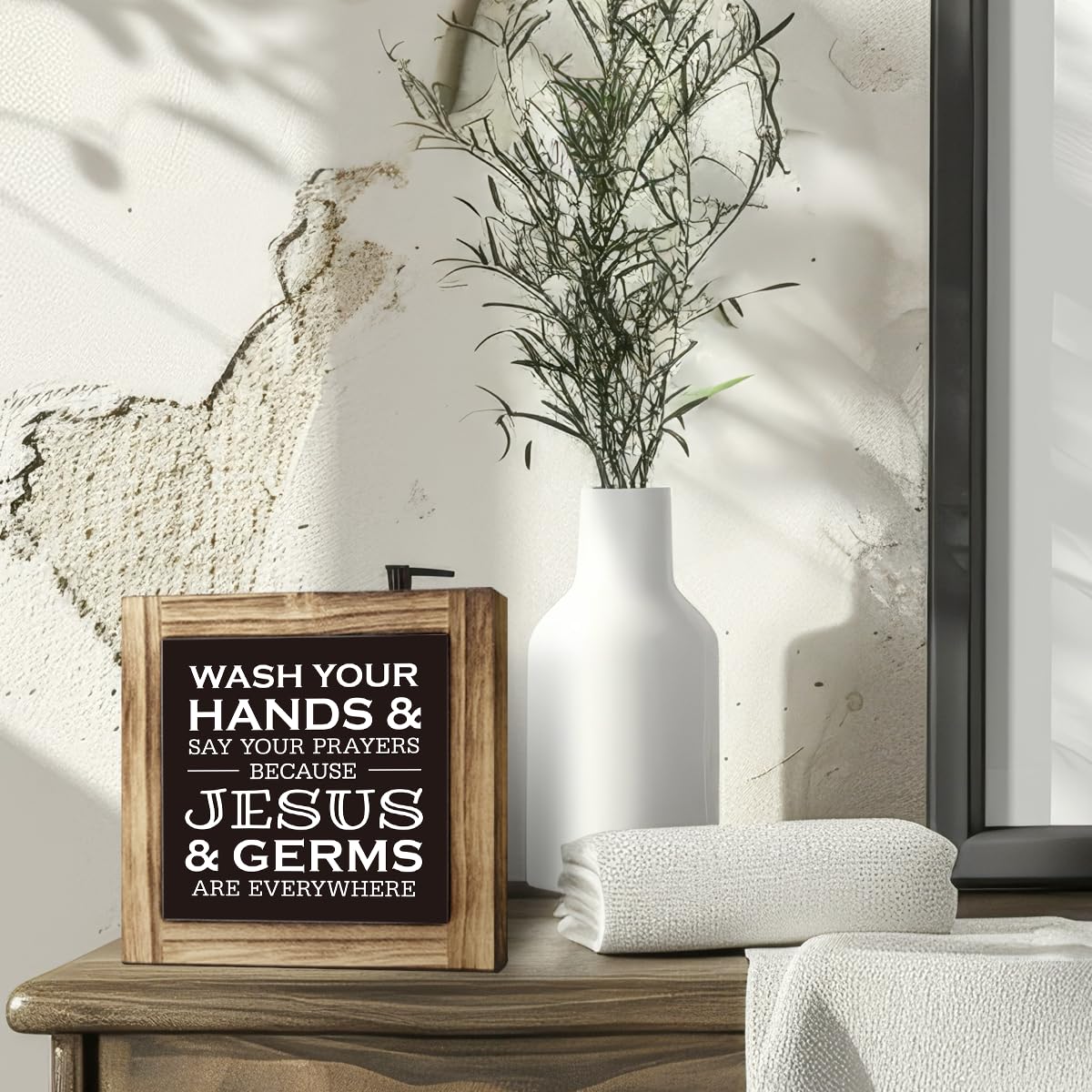 Christian Bathroom Sign - Wash Hands & Prayers, Rustic Wooden Tabletop Art, Farmhouse Washroom Decor JXZOLQ