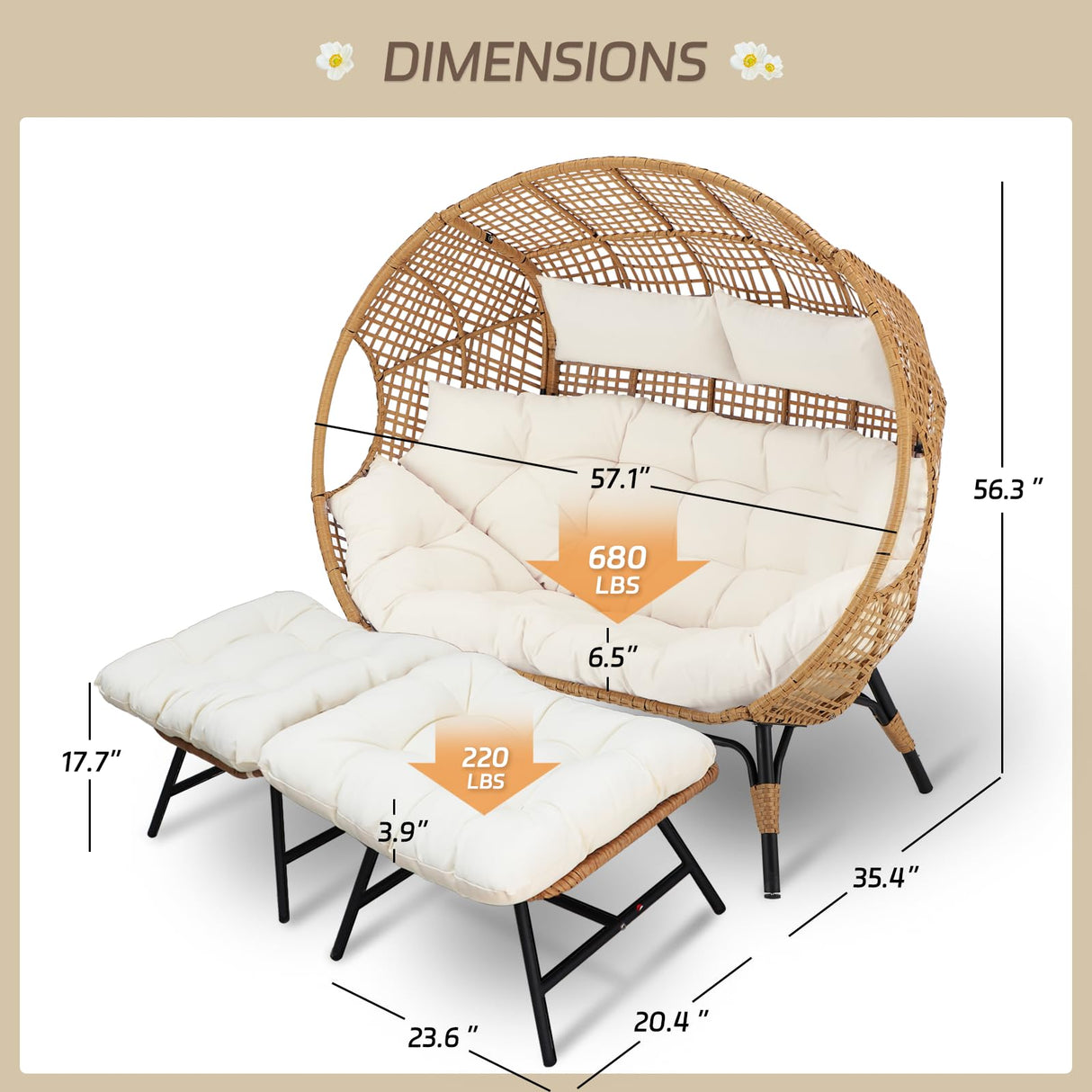 BULEXYARD Double Egg Chair with Ottoman Indoor Outdoor 680lbs, 2 Person Brown Wicker Oversized Stationary Egg Chair with Beige Thick Cushion, Patio Wide Lounge Loveseat with Legs for Balcony, Porch BULEXYARD