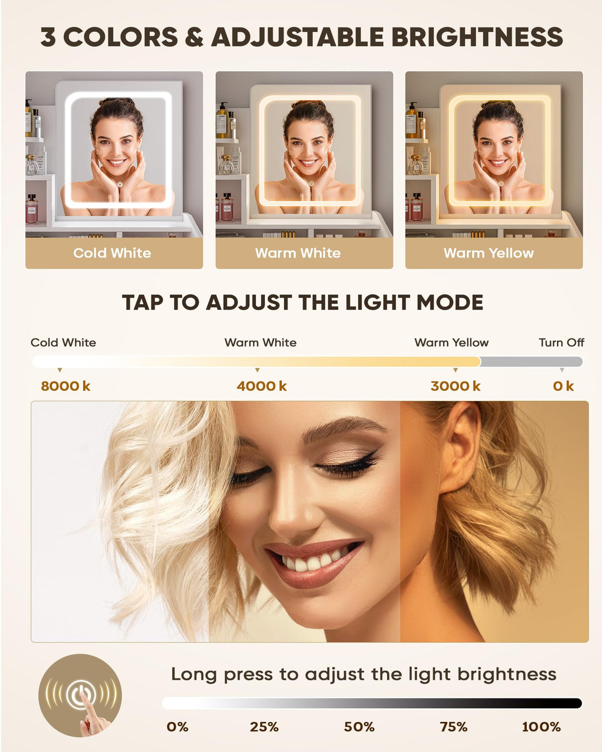 LIVELYGLOW Small Vanity Desk Set with Square Mirror and Light- Vanity Desk with Drawer- White LIVELYGLOW