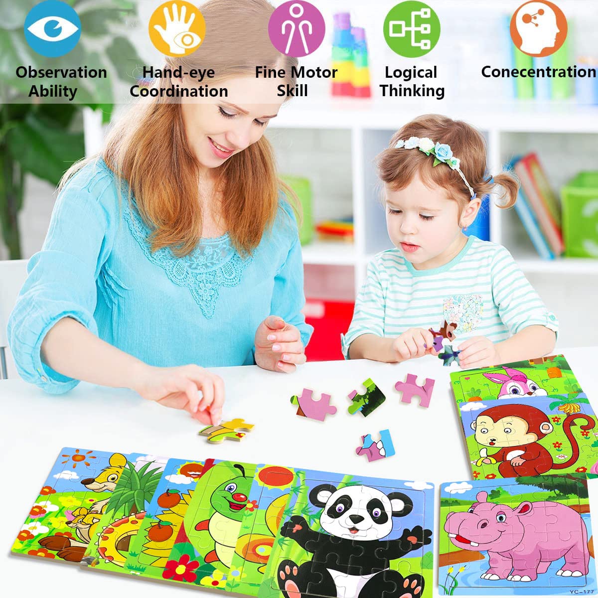 Puzzles for Kids Ages 3-5, 9 Pack Wooden Jigsaw Puzzles for Toddlers Ages 3-5 16 Pieces Preschool Educational Learning Toys Set Animals Puzzles for 3 4 5 Years Old Boys and Girls Runlycan