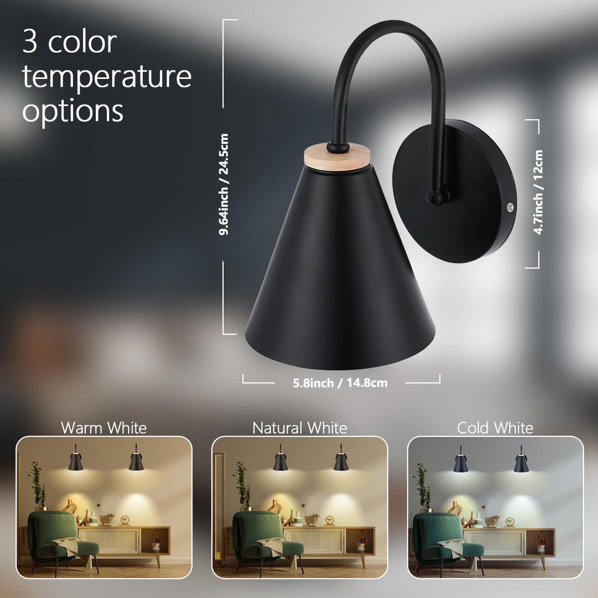 Battery Operated Black Faux-Wood Industrial Wall Sconce Set of Two, Easy to Install Not Wires, Remote Control Dimmable LED Light Bulb, Dimmable Wall Lamp Fixtures for Indoor Bedroom Farmhouse Gallery BIMEAN