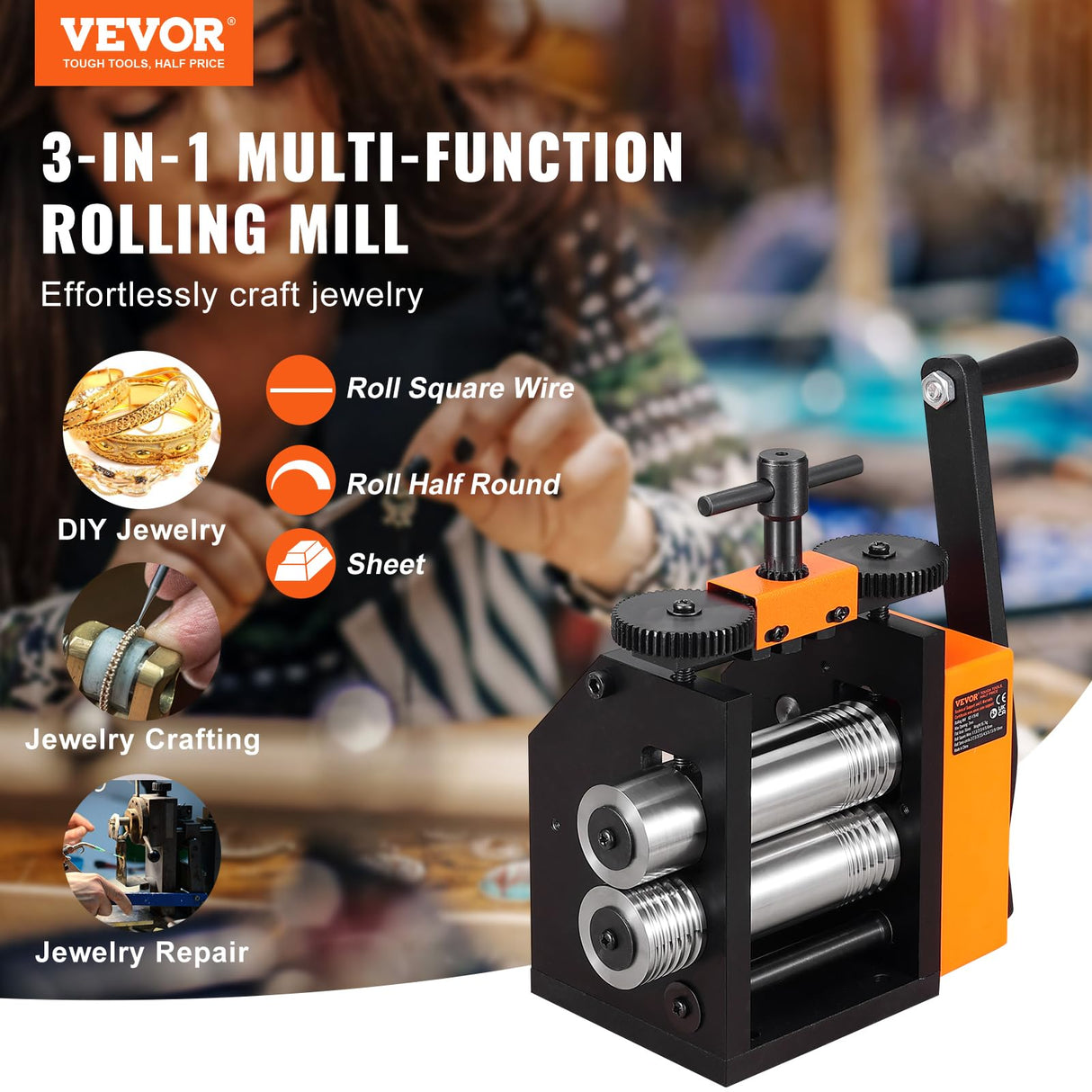 VEVOR Rolling Mill, 3"/76 mm Jewelry Rolling Mill Machine, 1: 2 Gear Ratio, 3-in-1 Multi-Function Rolling Mill, 0.1-7mm Press Thickness for Metal Jewelry Making Sheet Square Wire Semicircle Pattern VEVOR