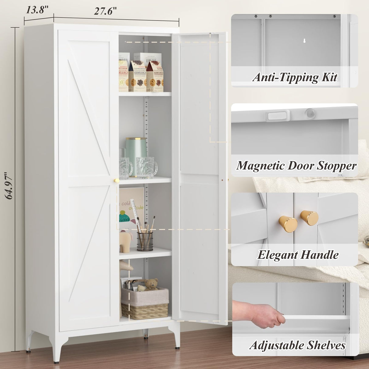 GREATMEET 65" Tall Kitchen Pantry Storage Cabinet, White Pantry Storage Cabinet, Farmhouse Metal Kitchen Cupboard with Doors for Garage, Dining Room, Living Room and Laundry GREATMEET