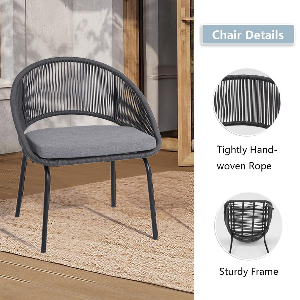 Yangming Patio Furniture Set, 3 Piece Outdoor Bistro Chair Conversation Sets Woven Rope with Wood Coffee Table for Yard Backyard Lawn Garden Porch Backyard Deck Poolside Balcony Yangming