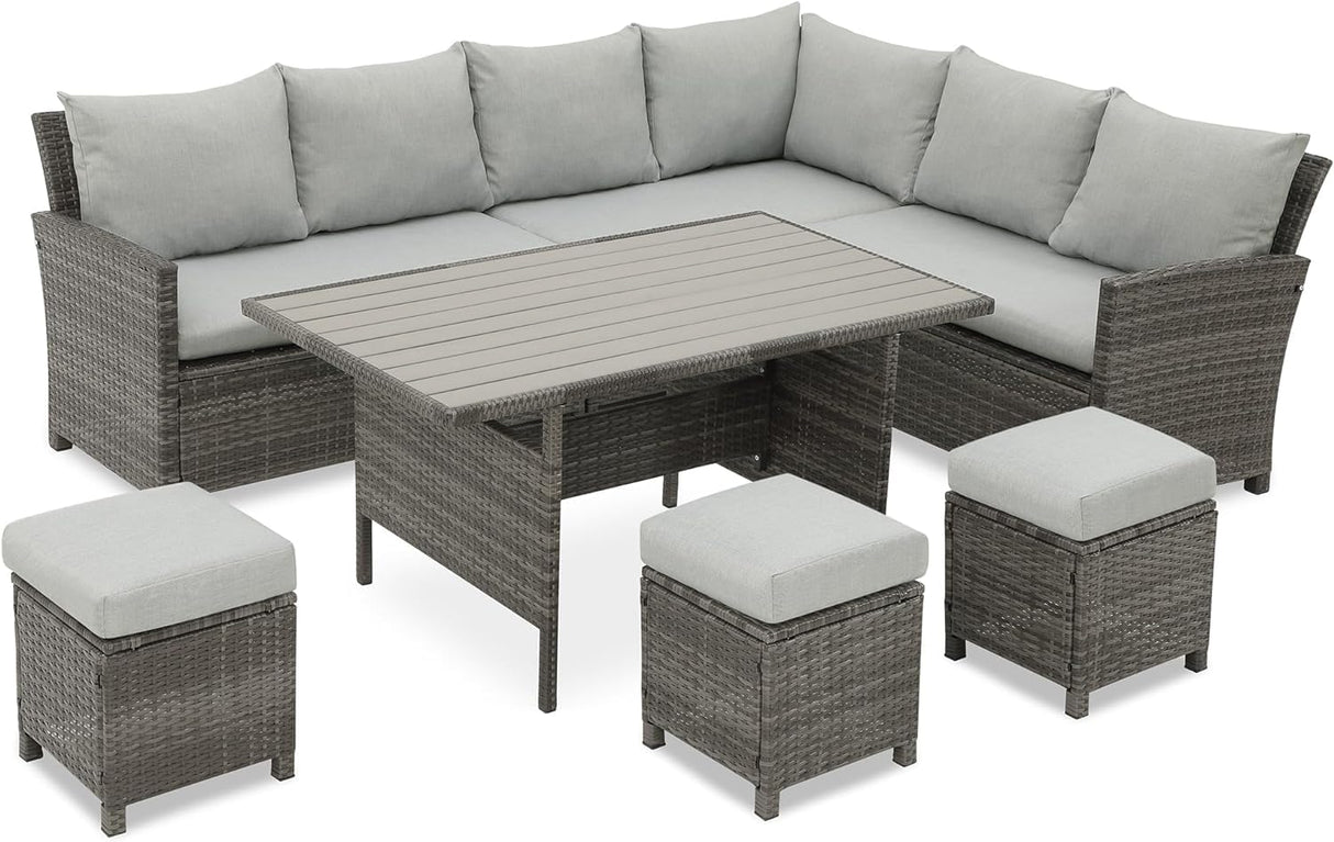 Wisteria Lane Patio Furniture Set, 7 Piece High Curved Back Outdoor Dining Sectional Sofa with Dining Table and Chair, All Weather Wicker Conversation Set with Ottoman, Grey Wisteria Lane