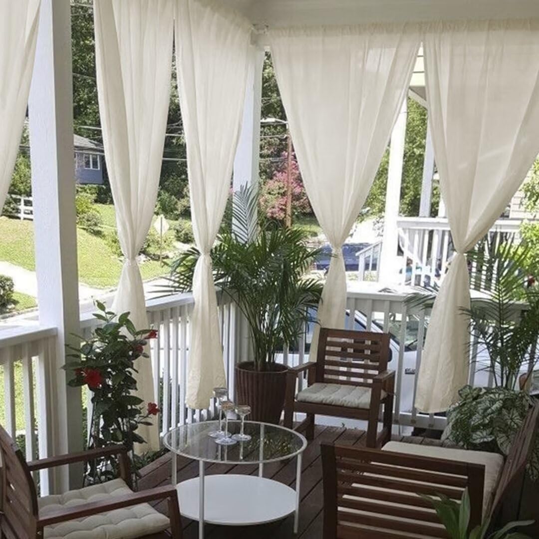 youleyar Sheer Outdoor Curtains for Patio Waterproof 2 Panels Linen Look Rod Pocket Indoor Ivory Voile Curtain for Living Room, Bedroom, Porch, Pergola, Cabana, Gazebo(52x84 Inch, Ivory) youleyar
